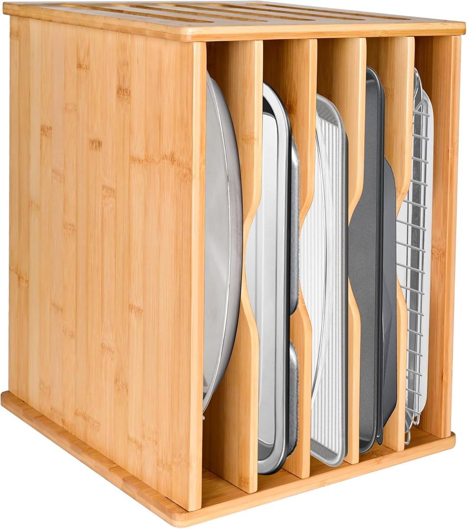 Cookie Sheet Organizer for Cabinet, 6 Tier Sheet Pan Organizer, Baking Sheet Organizers Inside Cabinet, Bamboo Kitchen Organizer for Bakeware and Cutting Board