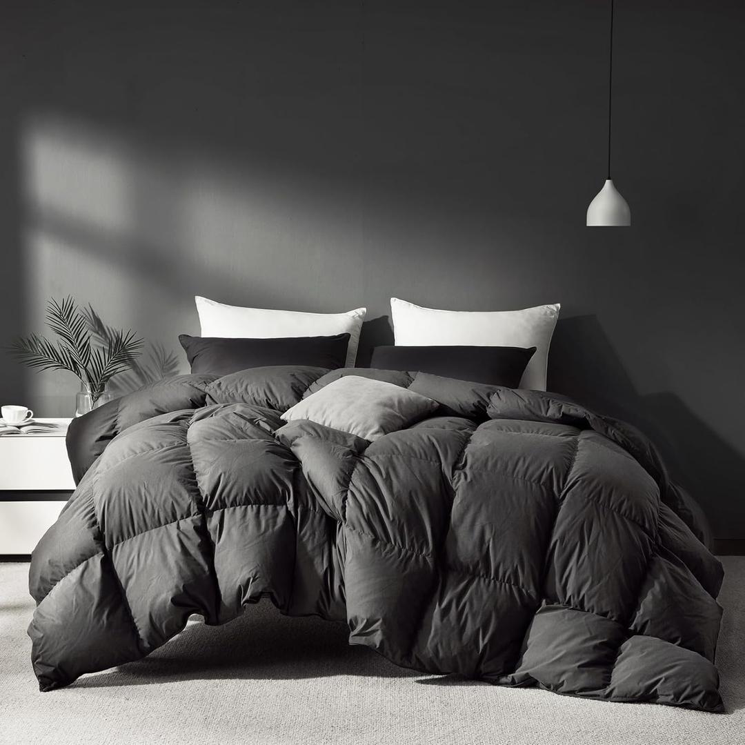 Grey Goose Feathers Down Comforter Queen Size, Premium All Season Duvet Insert, 750+ Fill 1200TC Power Hotel Style Comforter, 42 Oz Lightweight and Medium Warmth (90x90, Dark Grey)