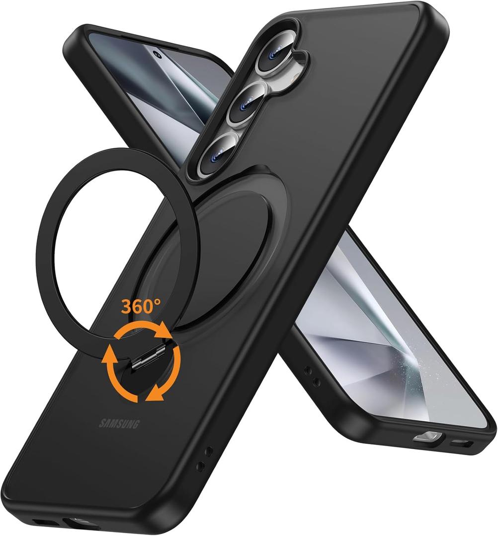 for Samsung Galaxy S25 Case Stand,Compatible with Magsafe Wireless Charging,with 360Rotatable Magnetic Ring Holder Kickstand,Slim Protective Phone Cover,Matte Translucent,Black