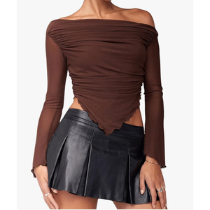 Floerns Women's Asymmetrical Neck Long Sleeve T Shirts Hanky Hem Ruched Y2k Tee Tops, Large