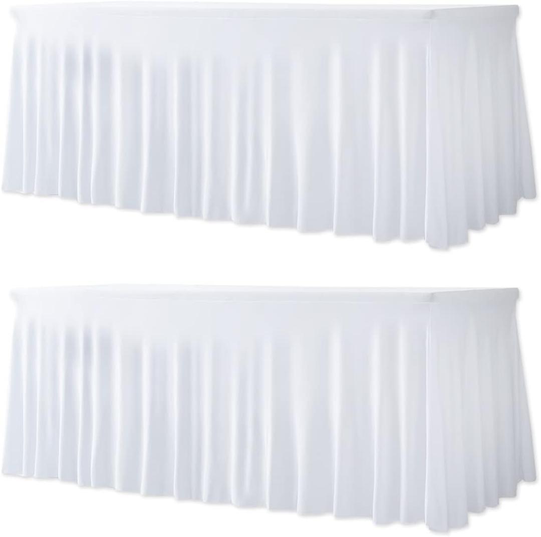 Your Magic Moment Spandex Table Skirts 2 PC Set White for Rectangle Tables 6ft 2 Fitted Table Covers for 6 Foot Tables Elastic Tablecloth for Birthday Party, Events, Banquette Baby Shower
