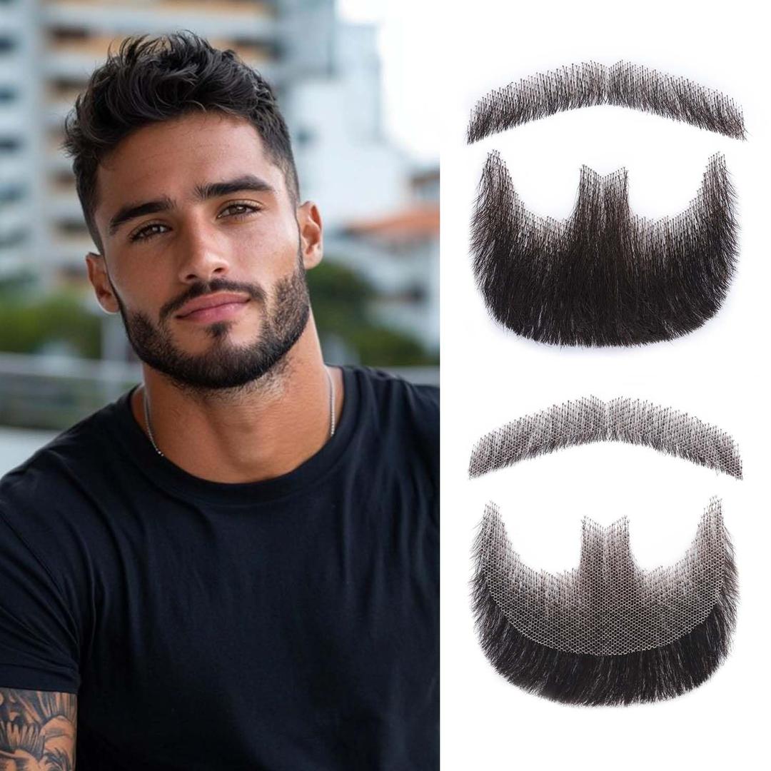 Realistic Mustache and Fake Goatee Beard, Full Hand Tied Costume Beard with Real Human Hair, Lace Invisible Fake Facial Hair for Halloween, Cosplay, Theatrical (SG1-Black)