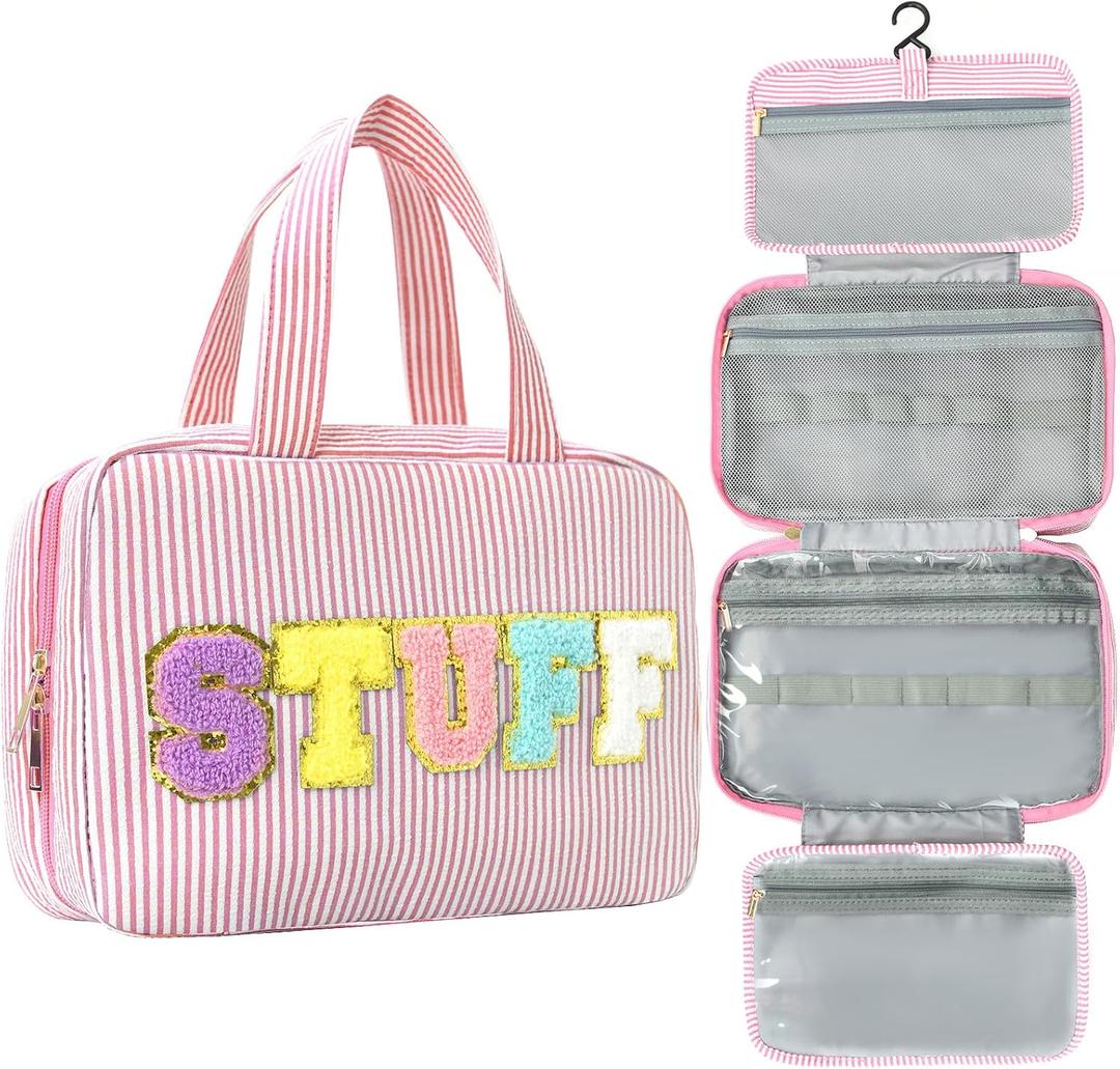 Travel Toiletry Bag for Women Chenille Letter Cosmetic Bag Fashion Stripes Water-resistant Makeup Bag with Hanging Hook for Store Toiletries Cosmetic Accessories Medium Pink