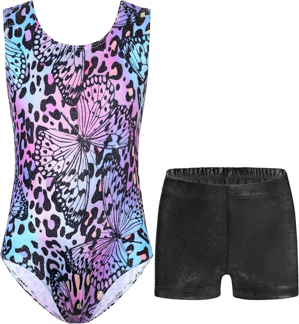 Nymphperi Girls Gymnastics Leotards 2 Piece Shiny Sleeveless Bodysuits with Sparkly Breathable Shorts Suit