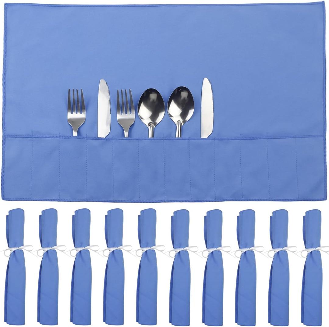 10 Pcs Silverware Organizer,Silver Storage Cloth Felt Flatware Organizer, Silver Protector Bags, Place Setting Roll with Stylish White Ribbon for All Kitchen Cutlery Utensil (Blue)
