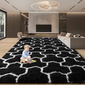 EVOIONOS 6x9 Washable Large Area Rug for Living Room, Black and White Geometric Pattern Fluffy Shag Rug for Bedroom, Ultra Soft Plush Non Slip Carpet for Indoor Floor Nursery Kid Home Decor Aesthetic