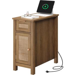 Narrow End Table with Charging Station - Midcentury Rattan Slim Side Table with USB Ports and Power Outlets, Nightstand with Flip Top and Storage Drawer, for Small Spaces Living Room Bedroom
