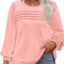 5 x Eytino Womens Plus Size Tops Long Sleeve Blouse Crewneck Pleated Knit Casual Loose Fit Shirts(1X-5X) (Pink)