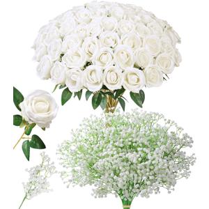 HyeFlora 35 PCS Artificial White Roses with 15 PCS Fake Baby Breath Realistic Fake Flowers Bouquet with Stem for DIY Wedding Party Home Decoration Vase Tables Centerpieces Arrangements Gift for Her