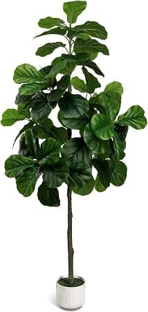 Artificial Fiddle Leaf Fig Tree 6FT - Large Fake Tree with White Planter, Tall Faux Ficus Lyrata Tree Floor Plants for Indoor Home Decor Office Living Room Housewarming Gift, 1Pack