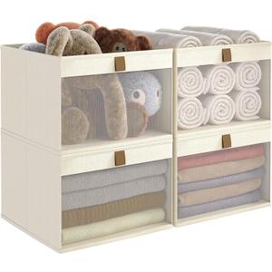 Linen Closet Organizers and Storage, Closet Storage Bins Basket Organizer, Foldable Organization Baskets with Mesh Window for Clothes Towels and Toys, 10.75" x 10.75" x 7.5", Beige, 4 pack
