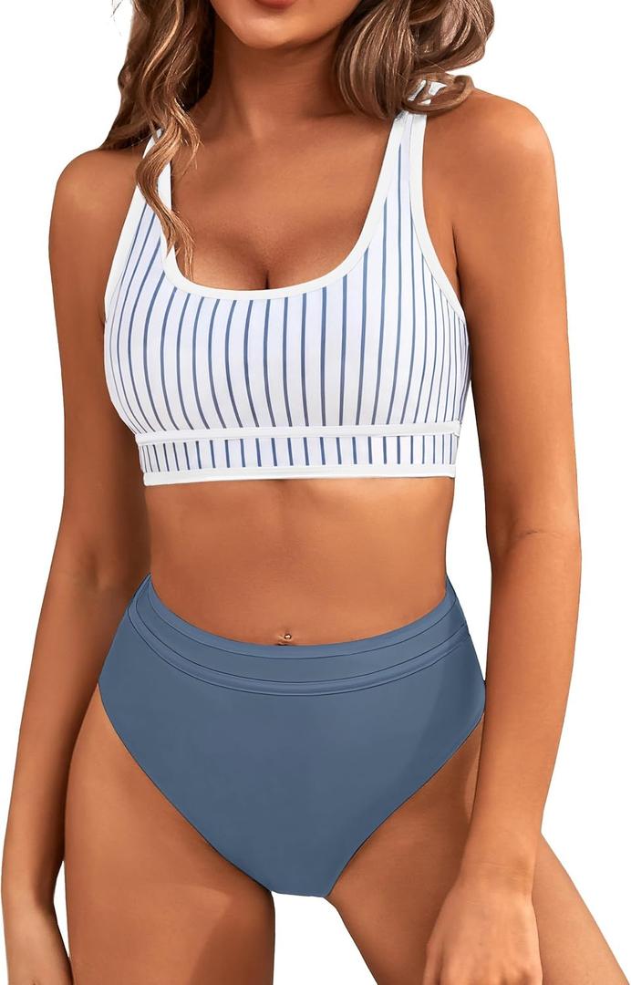 BMJL Women's High Waisted Bikini Sets Sporty Two Piece Swimsuits Color Block Cheeky High Cut Bathing Suits Small