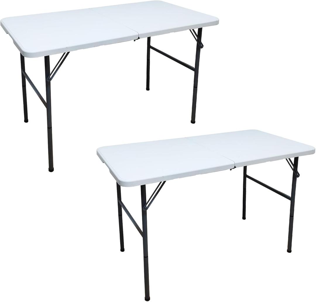 Plastic Folding Table 4FT - Lightweight & Portable Table for Camping, Picnic, Card Games - Indoor Outdoor Foldable Dining & Utility Table (White-2 Pack)