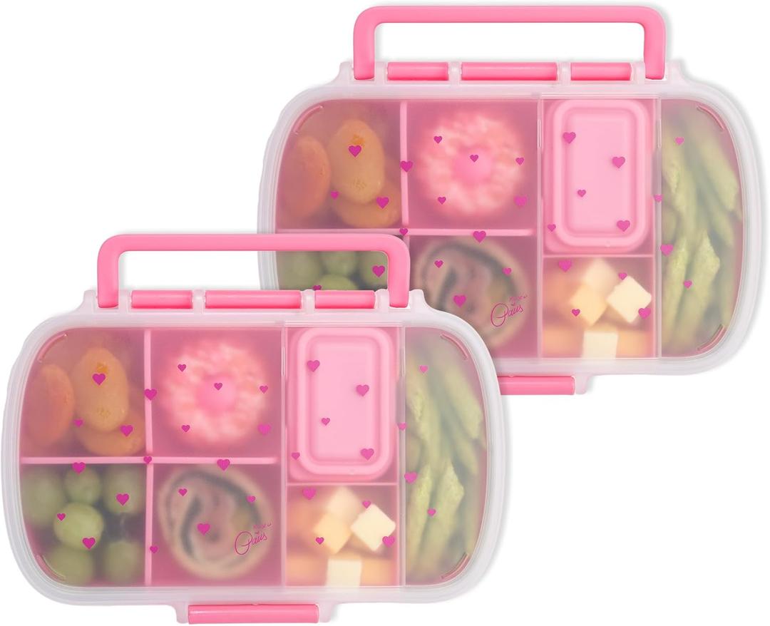 Paris Hilton 2-Pack Bento Style Snack Boxes, 7-Compartment Lunch Containers with Built-In Phone Stand, Removable Dividers and Dip Containers, Pink Heart Print