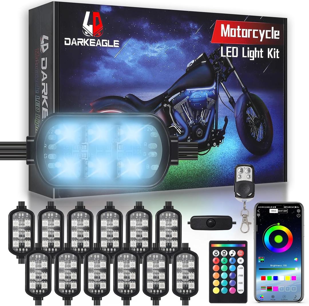 12PCS Motorcycle RGB LED Accent Lights with APP & RF Remote, Waterproof Frame & Engine Underglow Pods with Brake Turn Signal, 12V for Harley, Cruiser, Street, Sport Bike, Dirt Bike