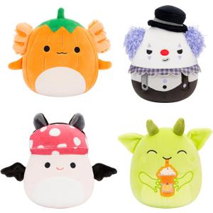Squishmallows Original 5-Inch Halloween 4-Pack  Gabin Pumpkin Axolotl, Fitzy Goblin Holding Latte, Malcolm Bat Mushroom, Ms. K Purple Clown  Official Jazwares Plush (Little)
