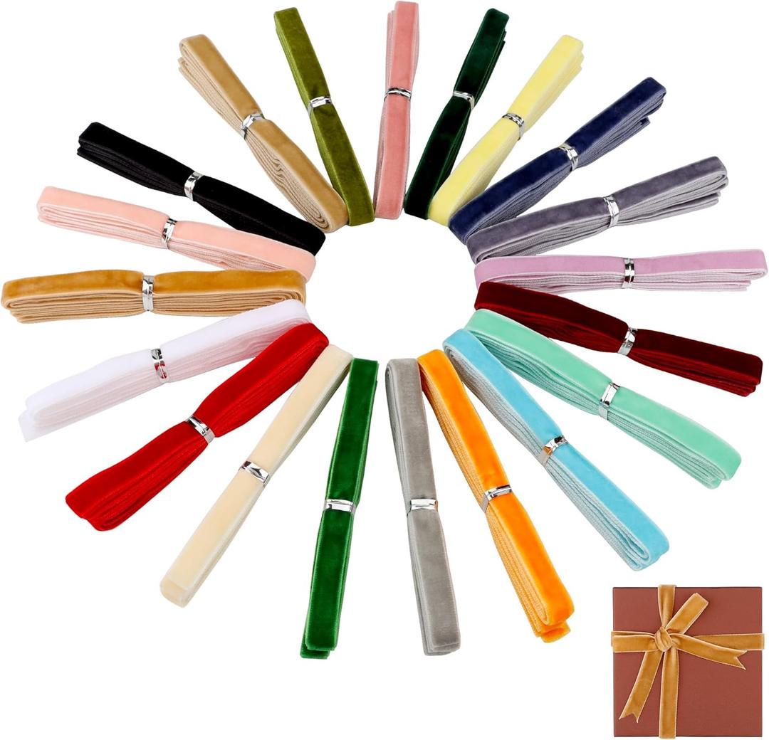 Vibrant Velvet Ribbon Set 40 Yards (2 Yards X 20 Colors) 3/8 Inch LVYOUIF Single-Sided Velvet Ribbon Trim for Christmas Trees Gift Wrapping Bouquets Wedding Decor and DIY Crafts (Multicolor)