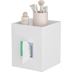 White Acrylic Tissue Box Cover with Storage Tray,Square Acrylic Tissue Box Holder Napkin Dispenser for Bathroom Kitchen Home Office(White, 5.5x5.5x6.7)