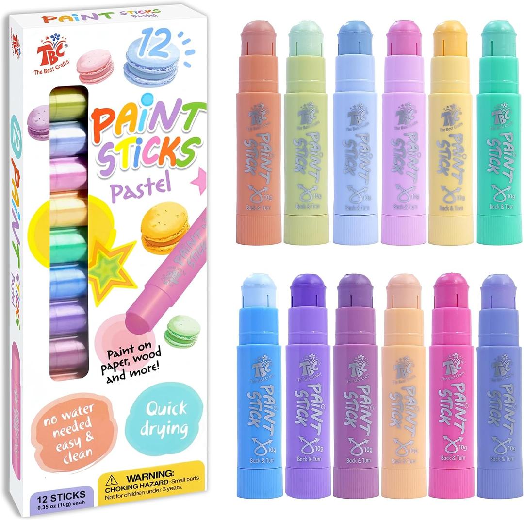 TBC The Best Crafts Paint Sticks, 12 Colors Pastel, Washable, Non-toxic, Tempera Paint Sticks for Kids and Students, 0.04 Ounce