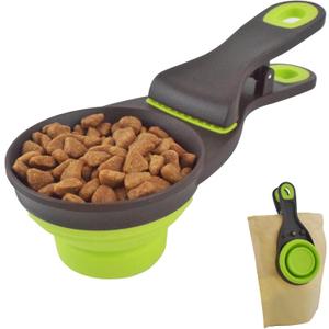 Pack Of 3 3 in 1 Multi-Function Dog Food Scoop with Measurements and Bag Clip Collapsible Dog Food Measuring Cup for Animals Silicone Measuring Spoons 1/2 Cup Capacity, Green, S