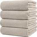 POLYTE 430 GSM Microfiber Oversize Quick Dry Lint Free Bath Towel, 60 x 30 in, 4 Pack (Waffle Weave) (Beige)