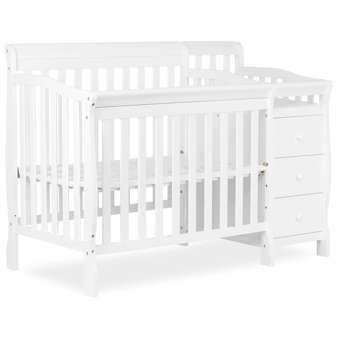 Dream On Me Jayden 4in1 Mini Convertible Baby Crib & Changer with Storage in White, Pinewood, GreenGuard Gold & JPMA, 1 Mattress Pad, 3 Mattress Heights, Converts to Mini Day & Twin-Size Bed