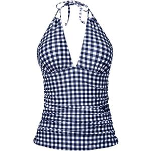Yonique Women's Halter Tankini Top No Bottom V Neck Swim Top Tummy Control Bathing Suit Top (Large, Black and White Plaid)