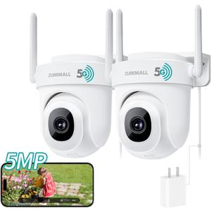 ZUMIMALL 5MP 5G Security Camera Outdoor Wired, 2Pack Outdoor Security Camera with 360 PTZ, Outside Cameras for Home Security with 24/7 Recording, Work with Alexa, 2.4&5G WiFi, AutoTracking, IP66 (White-Plug In 2Pack)