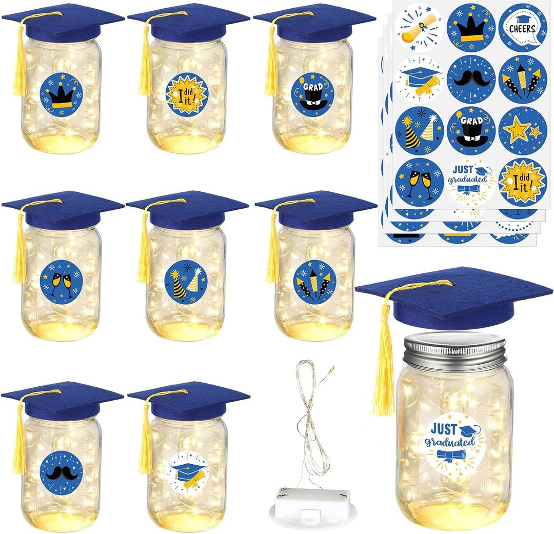 8 Pack 2026 Graduation Centerpieces for Tables Mason Glass Jar Centerpieces with LED Lights Graduation Party Decorations Set with Caps and Stickers for High School College Congrats Grad Decor Supplies