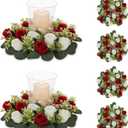NUPTIO Artificial Flowers Candle Rings - 6 Pcs 14 inch Diam Large Crimson & White Fake Roses Wreath Wedding Centerpieces for Tables Spring Summer Wreath for Front Door Weddings Party Ceremony Decor