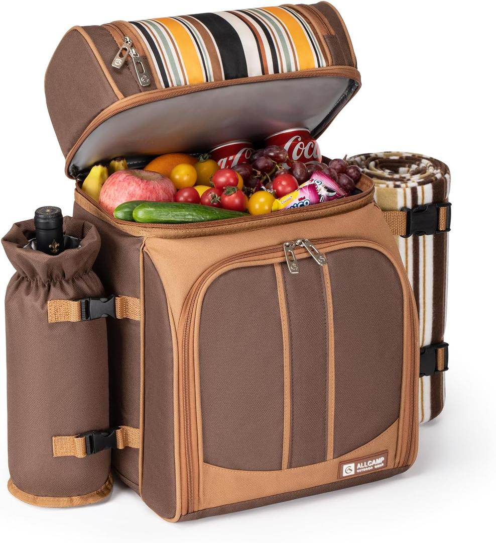 ALLCAMP Picnic Backpack - Insulated Cooler Bag with Compartment, Detachable Wine Glass Holder, Throw Blanket & Cutlery Set,2 Person Picnic Set for Family Outings, Couple Gifts (Brown)