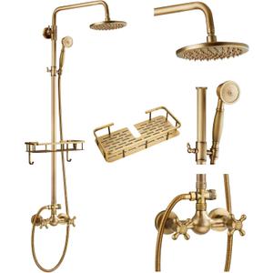 gotonovo Exposed Shower Faucet Set with Shower Shelf 8 inch Rainfall Shower Head with Handheld Sprayer Double Cross Handles Shower System Dual Functions Wall Mounted Antique Brass