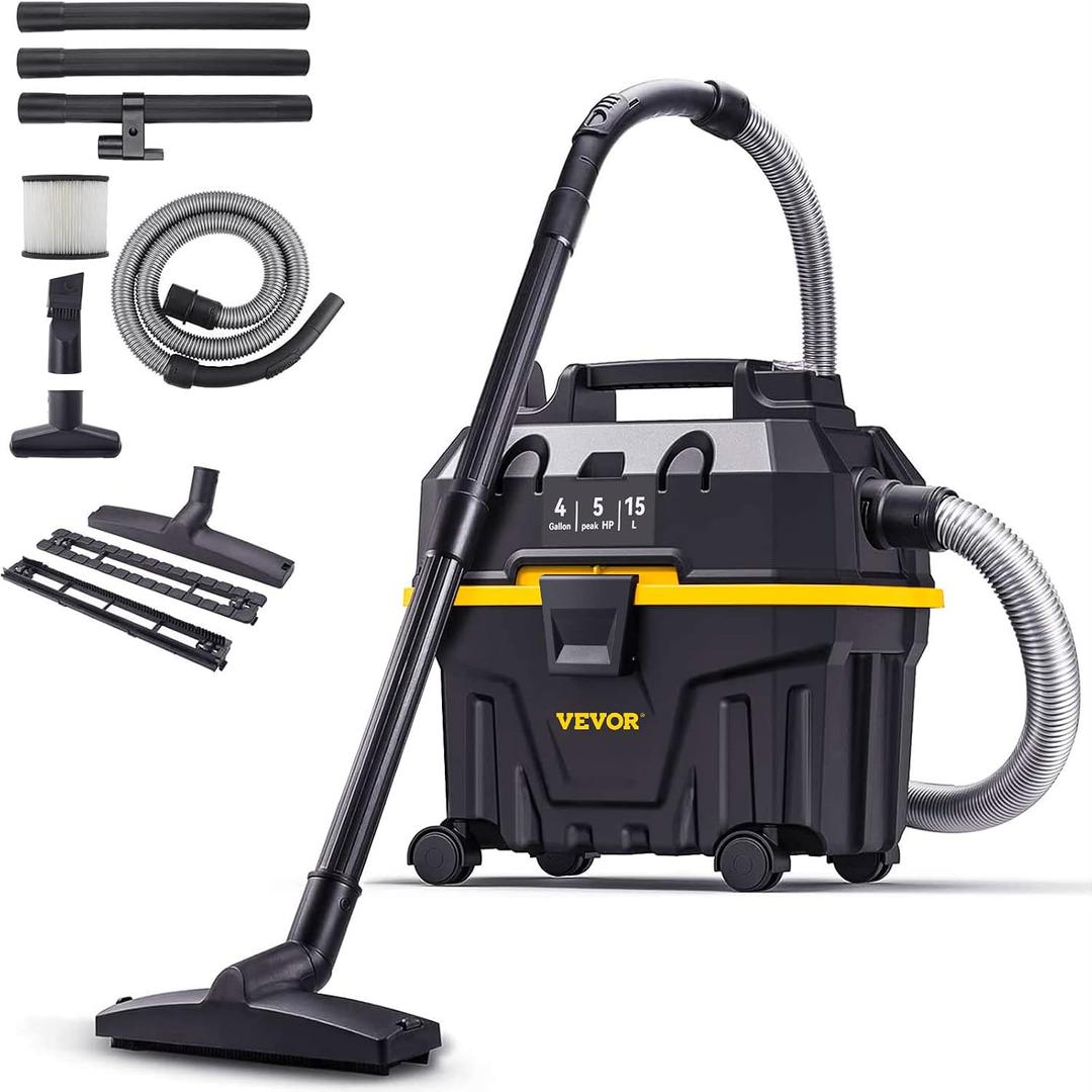 VEVOR Shop Vac Wet and Dry Vacuum Cleaner 4 Gallon 5 Peak HP - Powerful Suction with Blower Function & Attachments 3-in-1 Crevice Nozzle - Perfect for Car Carpet Debris Pet Hair Black/Yellow