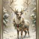 Vintage Framed Reindeer Wall Art Winter Canvas Print Home Decor Deer Picture Painting Christmas Decorations (10"L x 8"W)