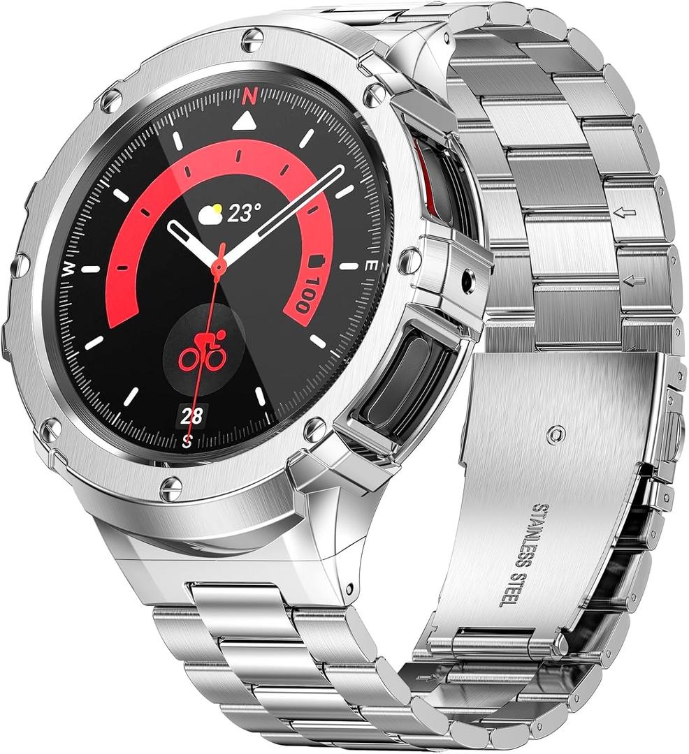 SUPLINK Stainless Steel Case and Band Compatible with Samsung Galaxy Watch 6/5/4 44mm, Rugged Galaxy Watch Case Strap for Men, Black (44mm(Galaxy Watch 6/5/4), Black)