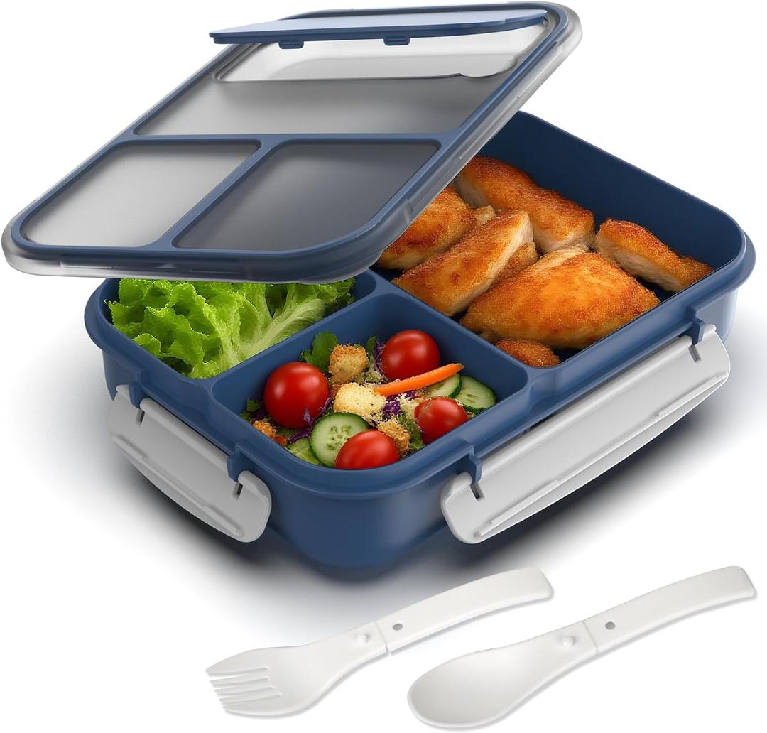 WHALEHOUSE Large Capacity Bento Box for Adult, 1700ML 3 Compartments Lunch Box with Utensil, Airtight Food Container with Lids for Meal Prep, Microwave/Dishwasher/Freezer Safe, On the Go (Dark Blue), Standard