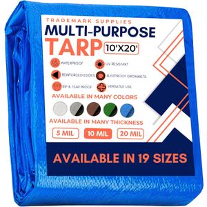 Large Waterproof Tarp - Heavy Duty 10 Mil Thick Poly Tarpaulin Ideal for Canopy Tents, Boats, RV or Pool Covers - Multipurpose Protective Tarps with Grommets for Indoor and Outdoor Use | 10' x 20' (Blue-medium Weight Protection)