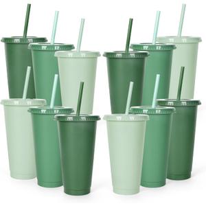 Whaline 12Pcs Sage Green Plastic Cups with Flat Lids and Straws, 24 Oz Gradient Green Reusable Tumbler Travel Mug Cup Party Drinkware Decor for Iced Coffee Beverage Drinks Party Supply