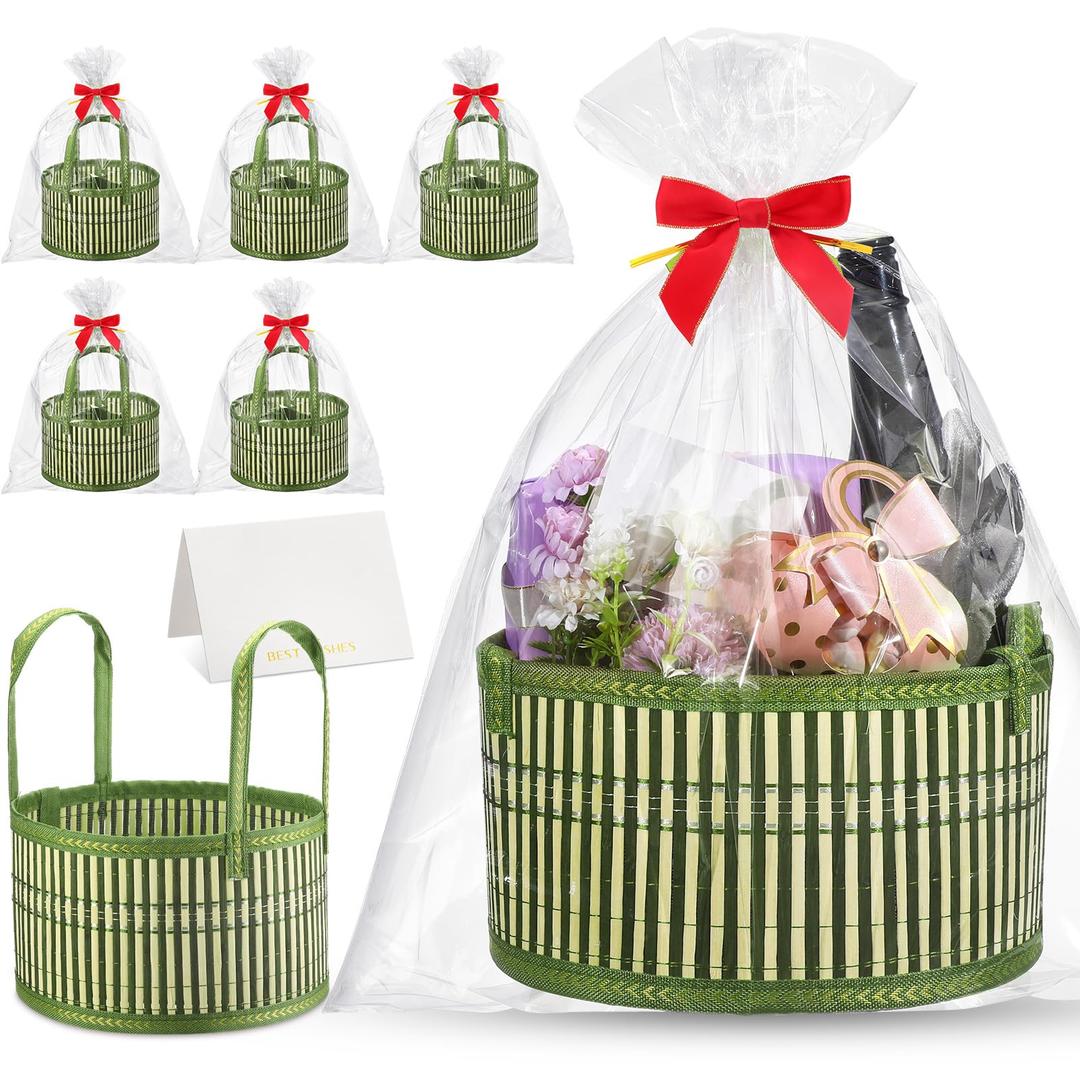 Weysat 6 Set Baskets for Gifts Empty Graduation DIY Bulk Large Woven Bamboo Gift Basket Kit with Handle Bow Wrap Bag to Fill for Father's Day Wedding Birthdays Party Wrapping (Green)