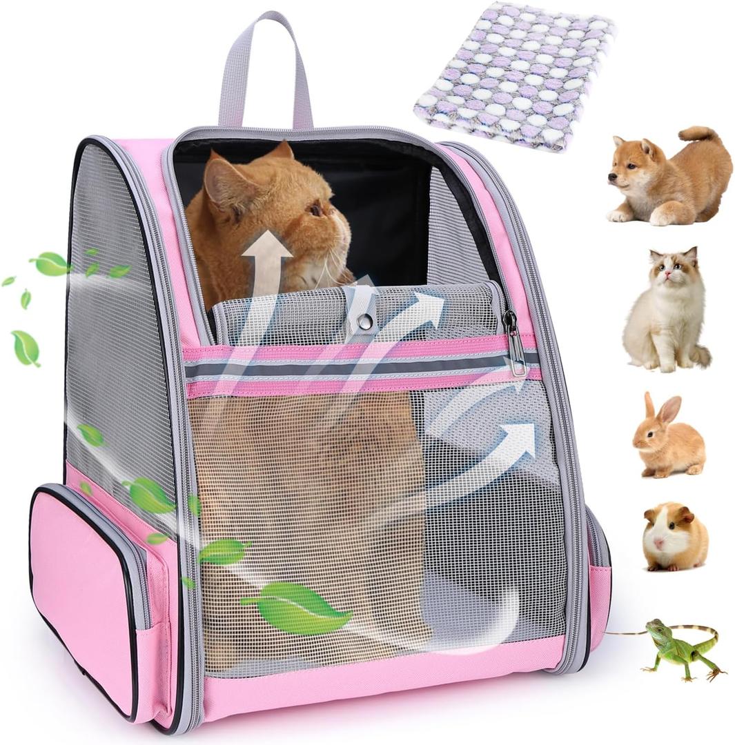 Lollimeow Cat Backpack Carrier, Ideal for Small Animals & Puppies, Airline Approved,Safe for Travel, Hiking, Vet Transport & Outdoor Use Fully Ventilated Design for Ultimate Comfort On-The-Go (Mesh Pink)