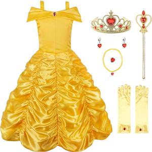 JerrisApparel Princess Dress Off Shoulder Layered Costume for Little Girl (8 Years, Yellow With Accessories)