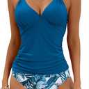 B2prity Halter Tankini Swimsuit for Women Tummy Control Two Piece Bathing Suit V Neck Swimwear with Shorts, Color Peacock Blue, Print-1