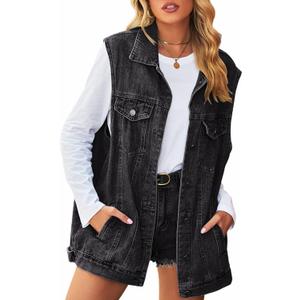 Women's Denim Vest Sleeveless Button Denim Jacket (Medium, Black)