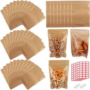 150-pack 4.7" x 7.9" Stand Up Kraft Paper Mylar Bags with Clear Window Resealable Foil Pouches for Food Storage Smell Proof Edible Packaging Bag for Small Business, Bulk