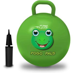 Flybar Hopper Ball for Kids, Inflatable Bouncy Ride-On Ball w/ Handle for Indoor & Outdoor Active Play, Includes Pump, Jump Ball Toy for Boys & Girls, Supports Up to 165 lbs, Ages 3+, 18-Inch, Small (Frog Green)