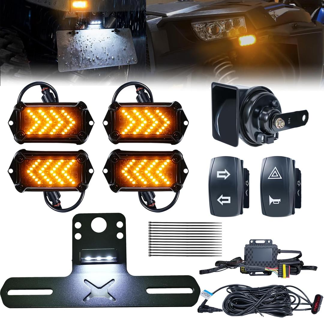 UTV Turn Signal Kit - 110dB Horn, and License Plate Holder w/Light, Pre-Wired, Plug & Play UTV Blinker Kit with Rocker Switch, Universal Street Legal Compatible with Polaris, Can-Am, CFMOTO