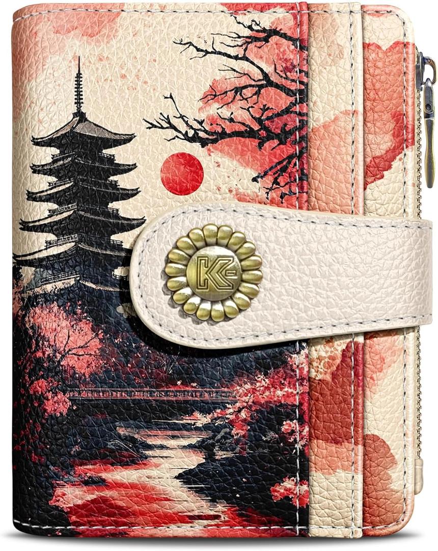 Kelvoris Japanese Sunset Goth Small Rfid Women Wallet Bifold Zipper Coin Pocket PU Leather Compact Cash Credit Card Holder Travel Wallet for Female Ladies Teen Girls 1 ID Window 10 Card Slots