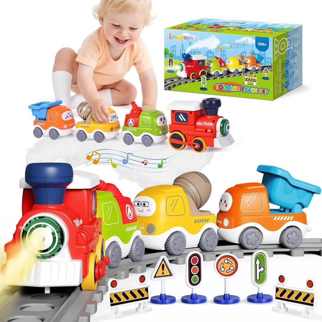 Train Set for Toddlers w/Steam, Sound & Lights, Toddler Toys for Age 2-4, Electric Train Set with Tracks Road Signs, Magnetic Train Toys Christmas Birthday Gifts for 2 3 4 5 Year Old Boys & Girls