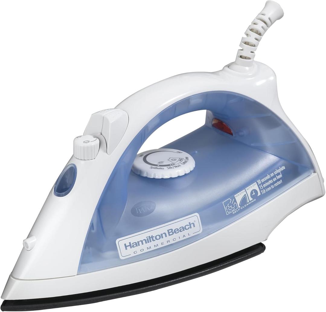 Hamilton Beach Commercial Lightweight Steam Iron with 3-Way Automatic Shutoff and Nonstick Soleplate (HIR200R), White and Blue