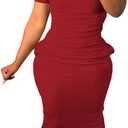 Women's Short Sleeve Dress T Shirt Bodycon Ribbed V Neck Maxi Sundress Basic Party Club Night Out Dress-Red-XL